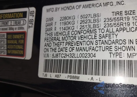2020 Acura Rdx Standard z USA, uszkodzony, nr VIN 5J8TC2H32LL002304